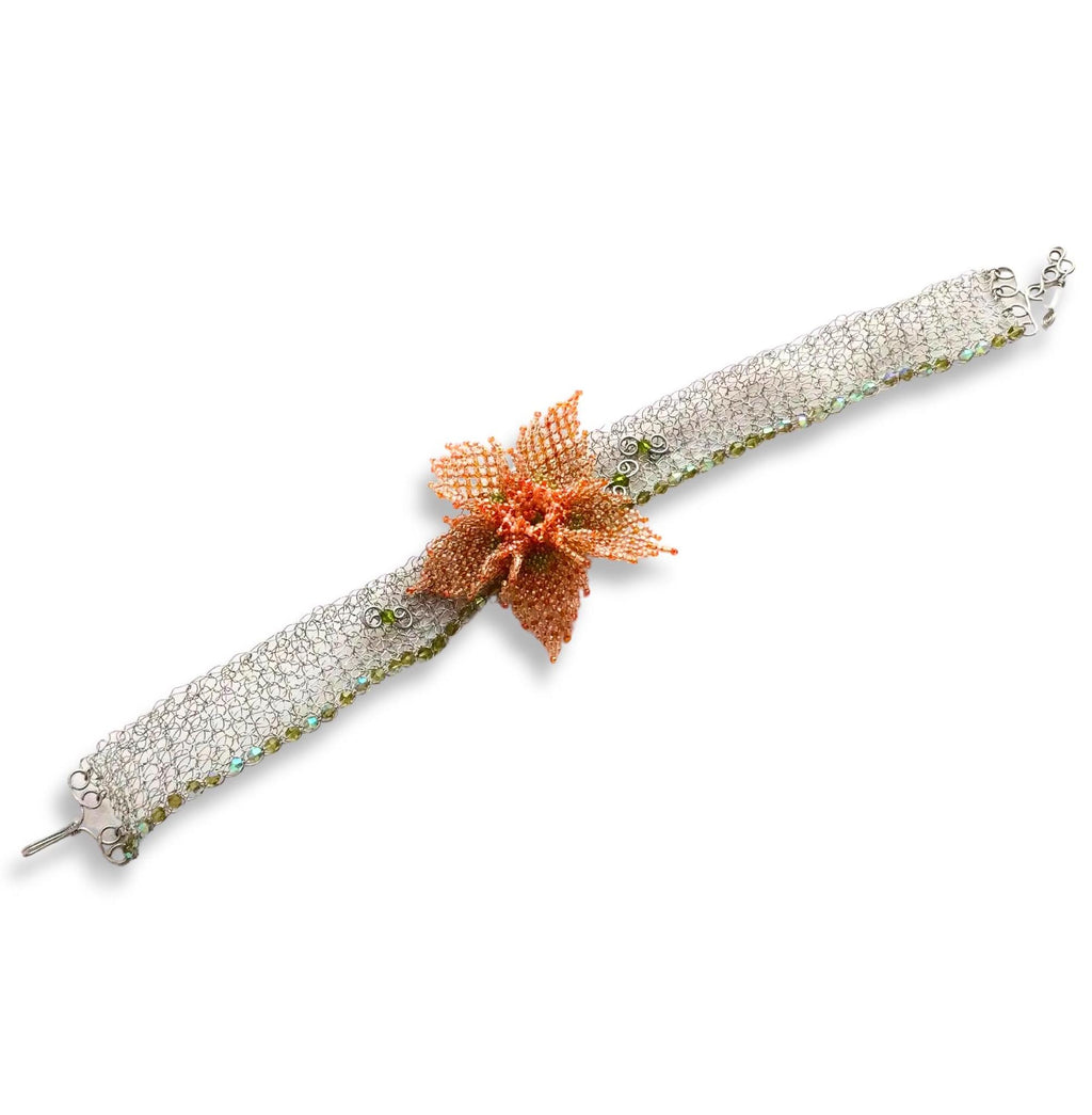 Handmade Eisenberg choker, iridescent beaded flower, silver wire necklace