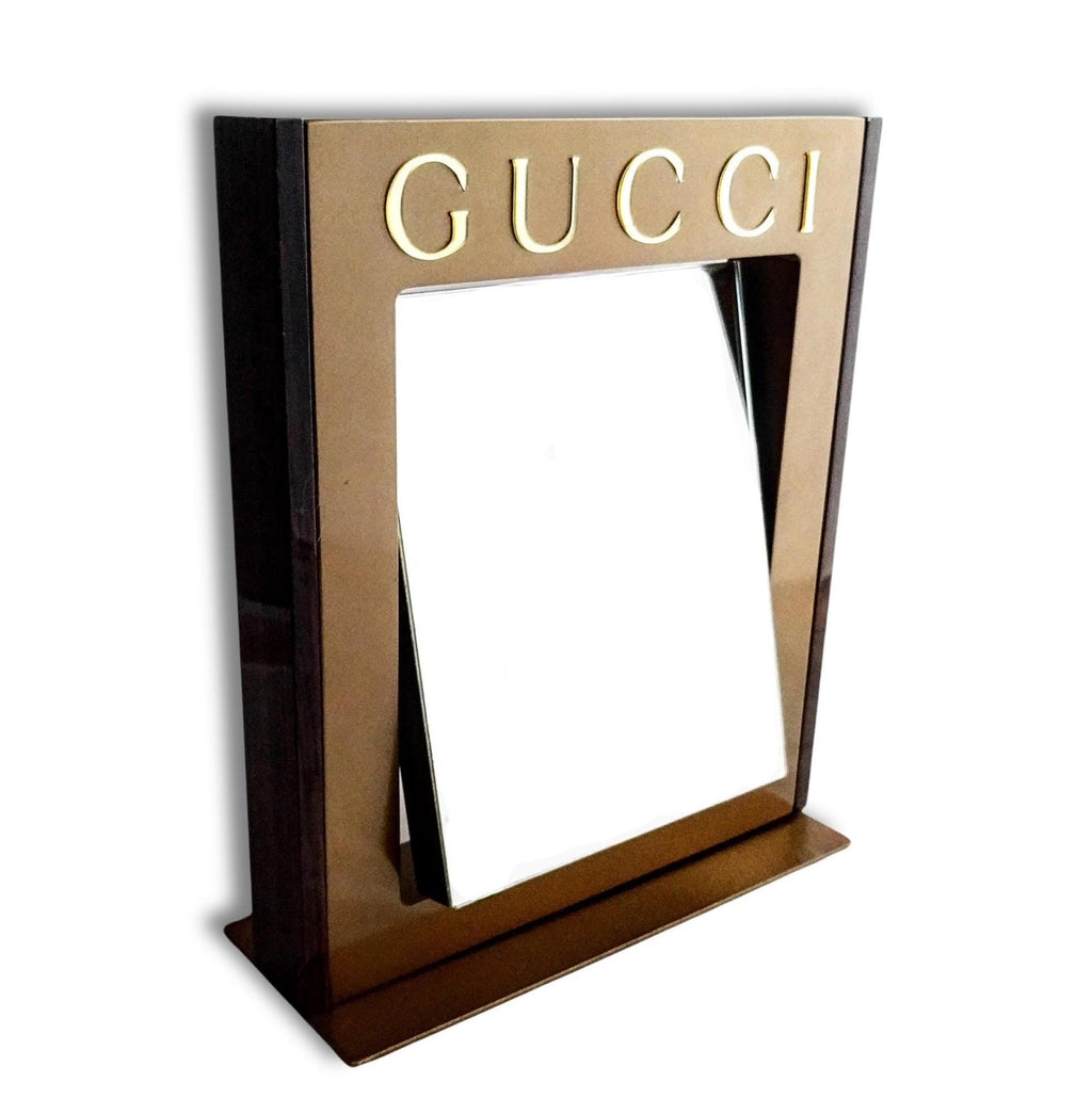 Rare Gucci Table Mirror – Authentic Vintage Pivoting Mirror, Brown Metal & Wood Finish, 12" x 10", Collectible Designer Piece