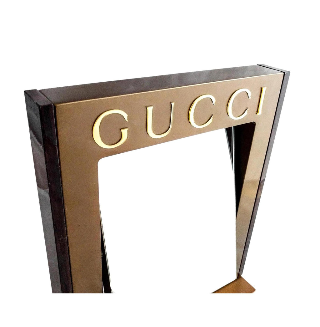 Rare Gucci Table Mirror – Authentic Vintage Pivoting Mirror, Brown Metal & Wood Finish, 12" x 10", Collectible Designer Piece