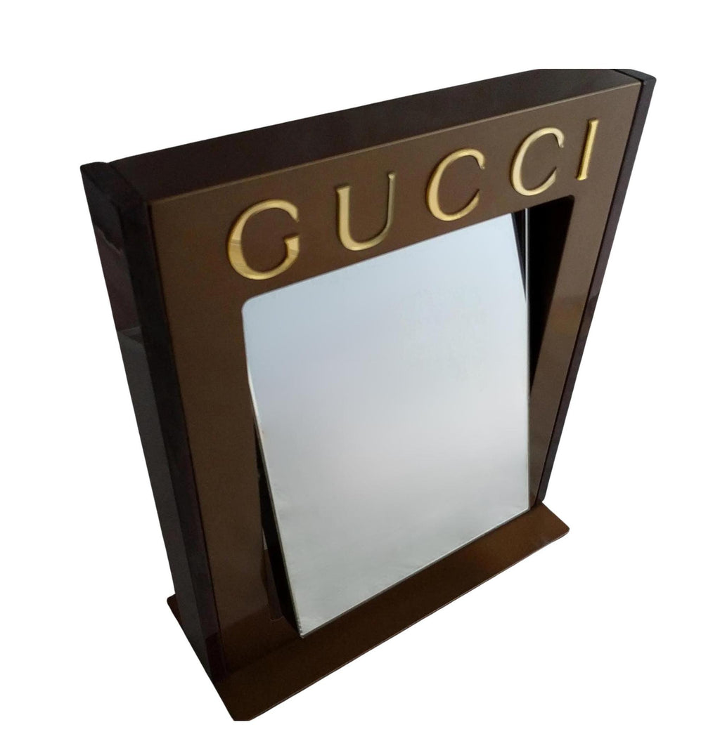 Rare Gucci Table Mirror – Authentic Vintage Pivoting Mirror, Brown Metal & Wood Finish, 12" x 10", Collectible Designer Piece