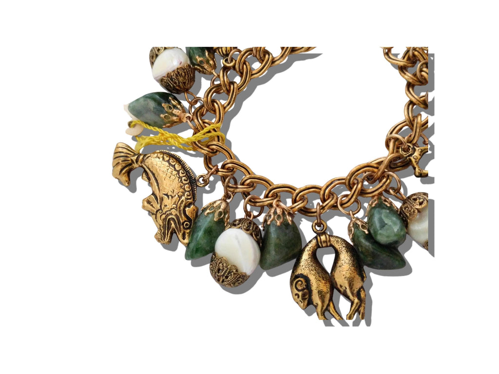 Vintage Jade & Mother of Pearl Charm Bracelet – Elegant Green White Gemstone Bracelet, Collectible Jewelry, Retro Statement Piece - Vintage