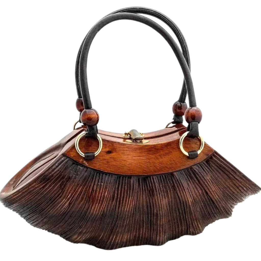 Rare ROCIO Wooden Purse – Eco-Friendly Sculpted Acacia Wood Handbag, Luxury Designer Bag with Leather Handles, Sustainable Fashion