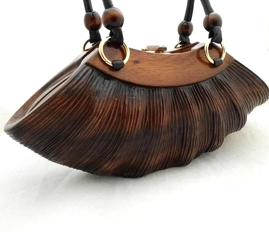 Rare ROCIO Wooden Purse – Eco-Friendly Sculpted Acacia Wood Handbag, Luxury Designer Bag with Leather Handles, Sustainable Fashion