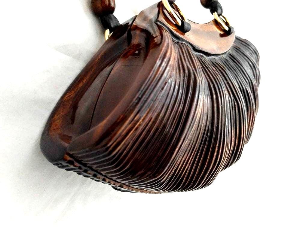 Rare ROCIO Wooden Purse – Eco-Friendly Sculpted Acacia Wood Handbag, Luxury Designer Bag with Leather Handles, Sustainable Fashion