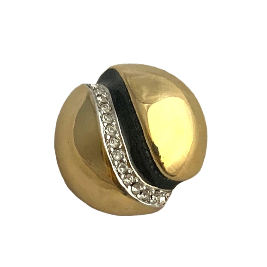 French designer Andre Courreges earrings, black enamel, and clear pave stones - Signed Courreges Paris clip-ons