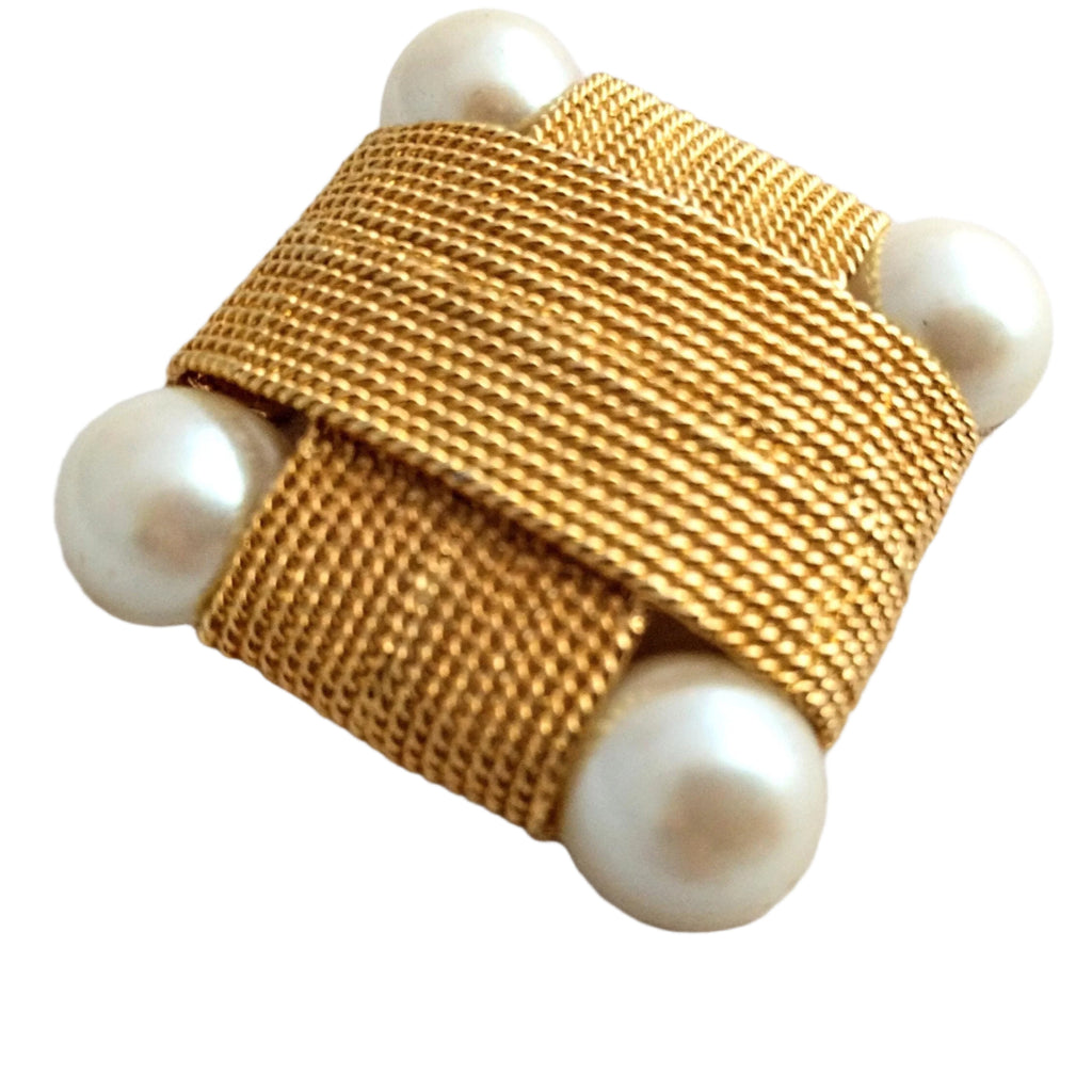 Gold-plated chain-style brooch by Valentino, faux pearl accents, 2.1 inches - Rhomboid faux pearl brooch