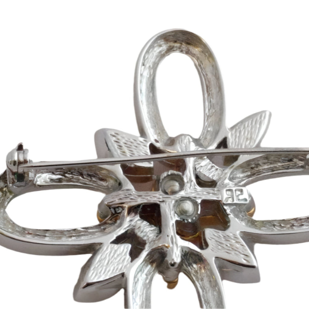 Signed Courreges brooch with clear and pink marquise crystals, modernist style - Rhodium-plated vintage brooch