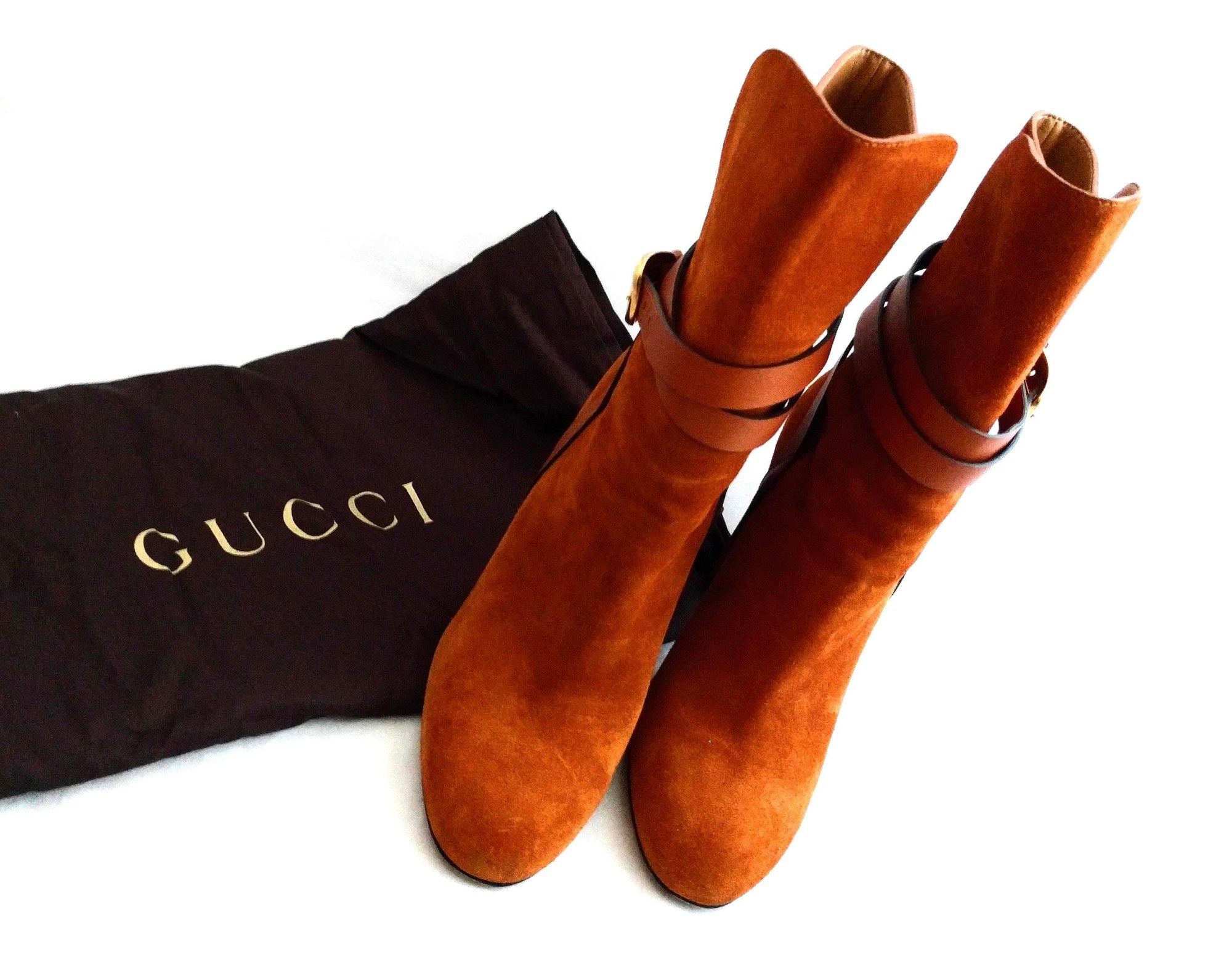 Gucci Suede Ankle Boots – Abigail Rust/Orange Booties, 4.5" Heel, Made in Italy, Excellent Condition, Size 6