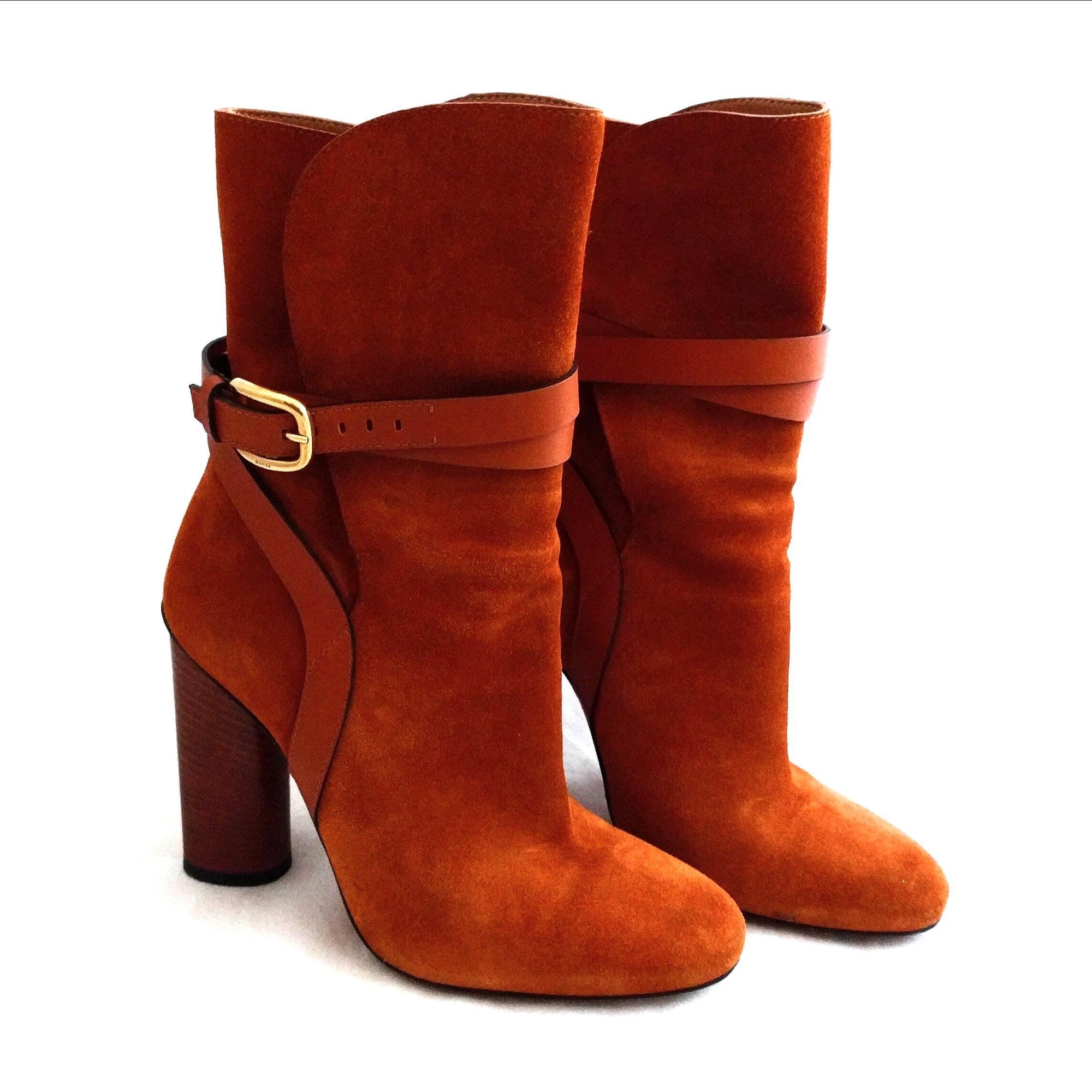 Gucci Suede Ankle Boots – Abigail Rust/Orange Booties, 4.5" Heel, Made in Italy, Excellent Condition, Size 6