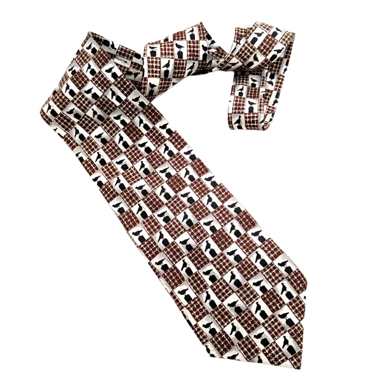 Vintage Dunhill Silk Necktie – Bird Pattern Tie, Brown & Black Checkered Design, 100% Silk, Made in Italy