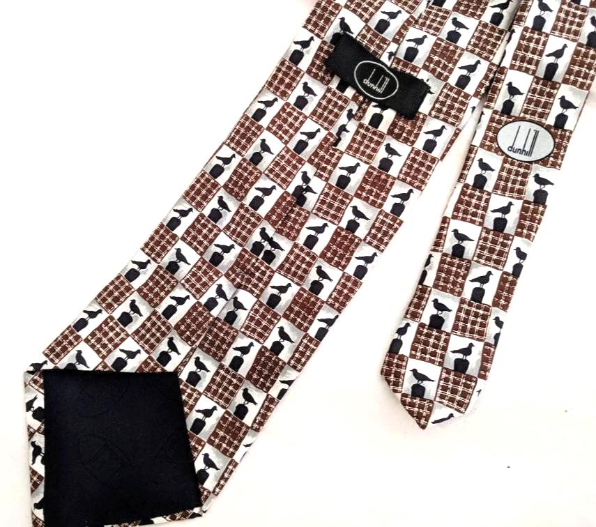 Vintage Dunhill Silk Necktie – Bird Pattern Tie, Brown & Black Checkered Design, 100% Silk, Made in Italy