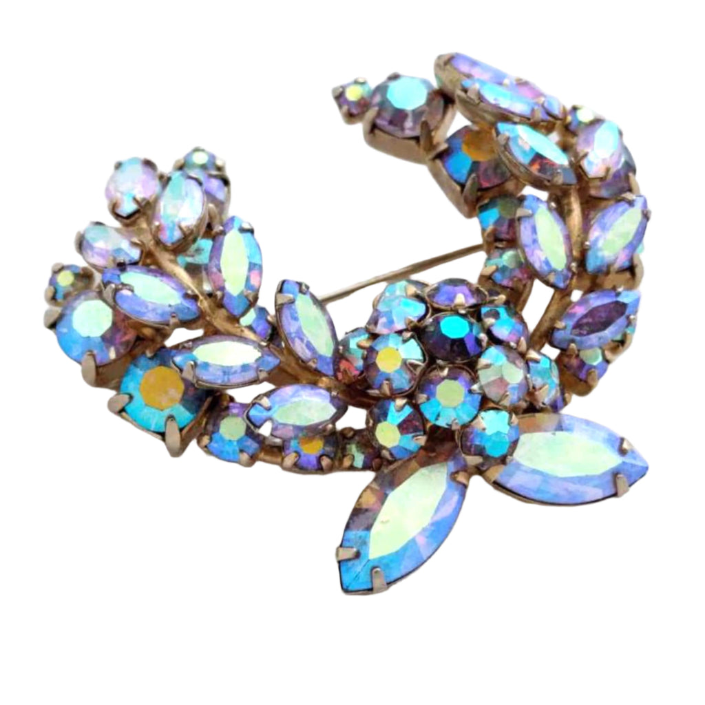 Sherman vintage rhinestone brooch, 2-inch brooch and clip-on earrings, blue aurora borealis