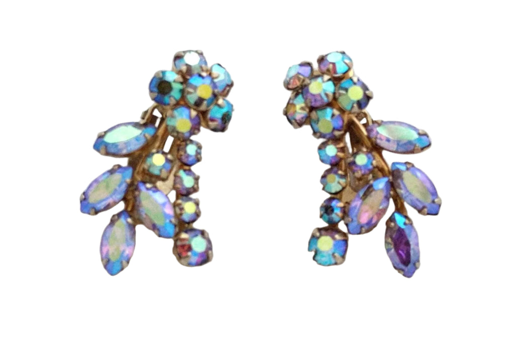 Vintage Sherman Blue Aurora Borealis Rhinestone Brooch & Earring Set – Signed, Clip-On Earrings, Prong Set
