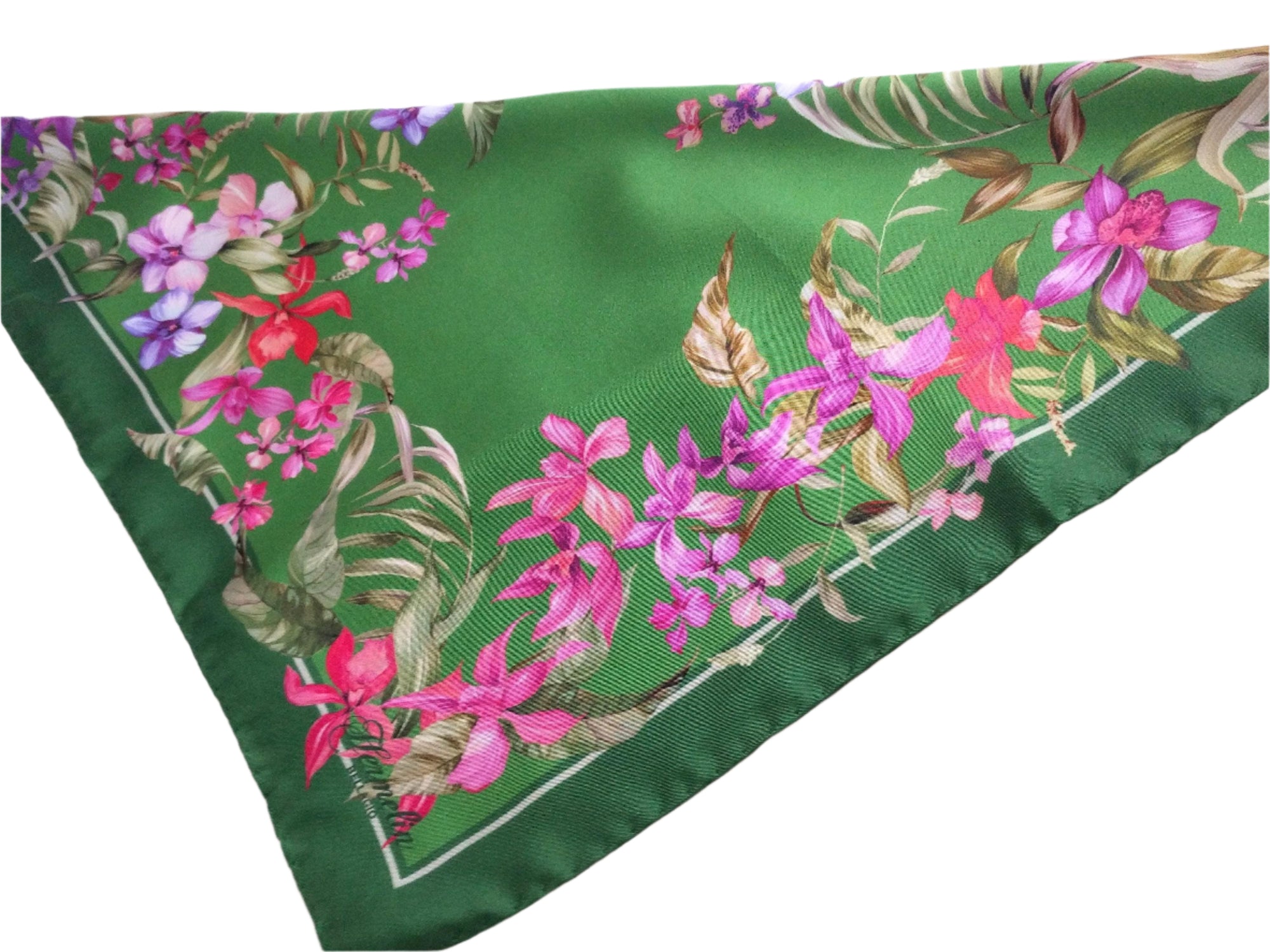 Italian Silk Scarf – Small Green Como Silk Scarf, Magenta & Red Accents, Made in Italy, 19.5" Square with Rolled Edges