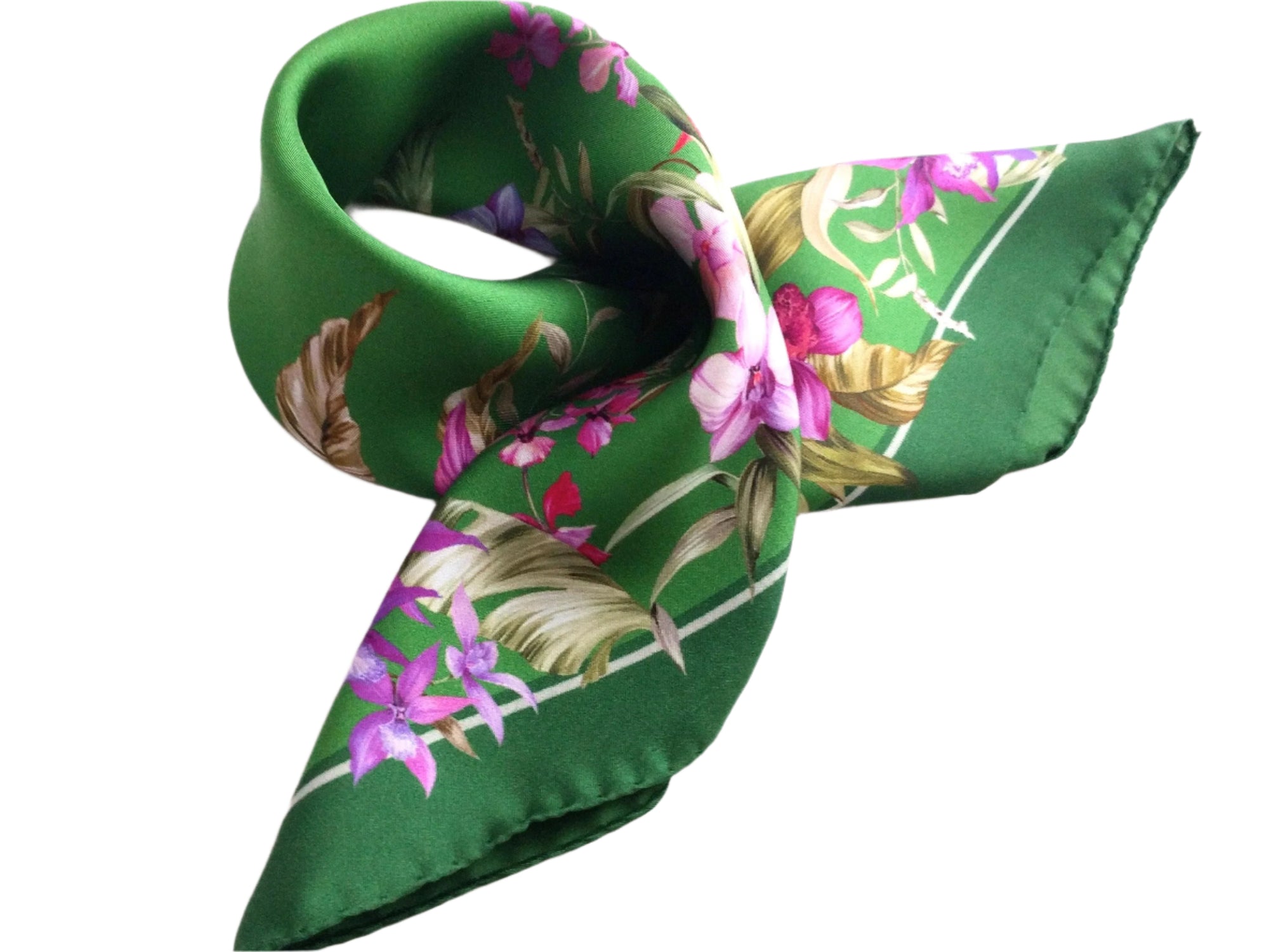 Italian Silk Scarf – Small Green Como Silk Scarf, Magenta & Red Accents, Made in Italy, 19.5" Square with Rolled Edges