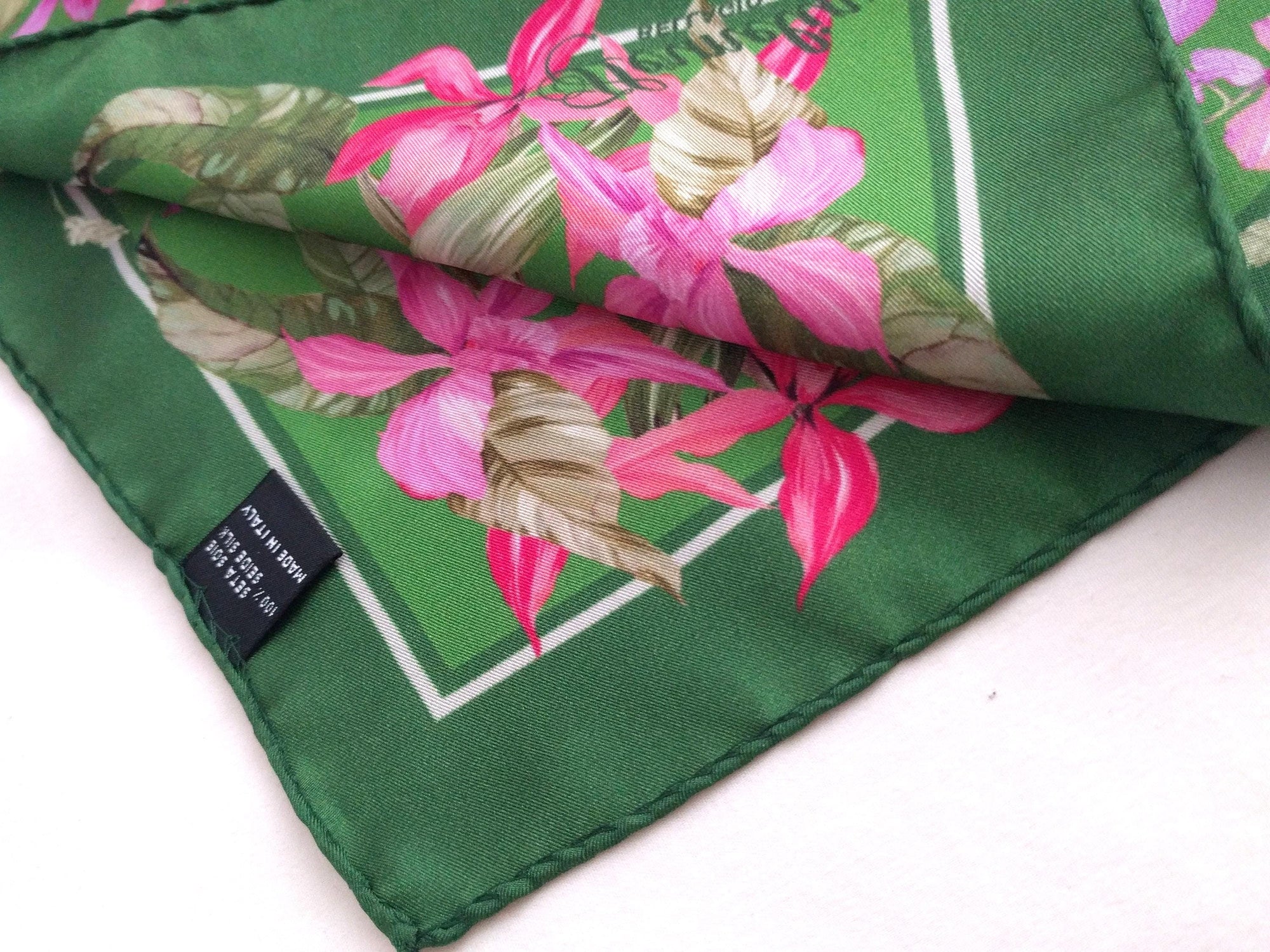 Italian Silk Scarf – Small Green Como Silk Scarf, Magenta & Red Accents, Made in Italy, 19.5" Square with Rolled Edges
