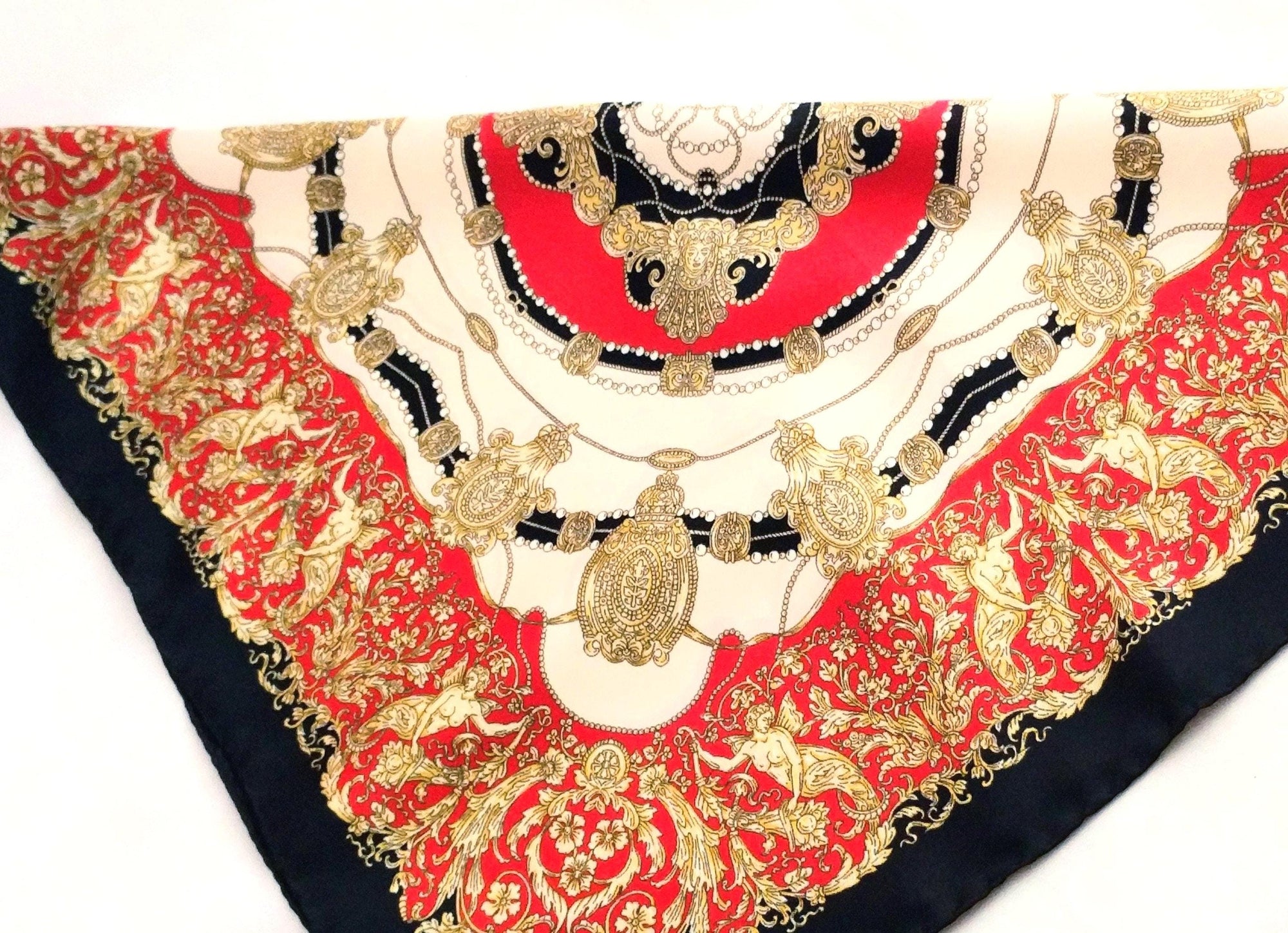 Italian Silk Scarf – Small Black Como Silk Scarf, Red & Cream Accents, Made in Italy, 19.5" Square with Rolled Edges