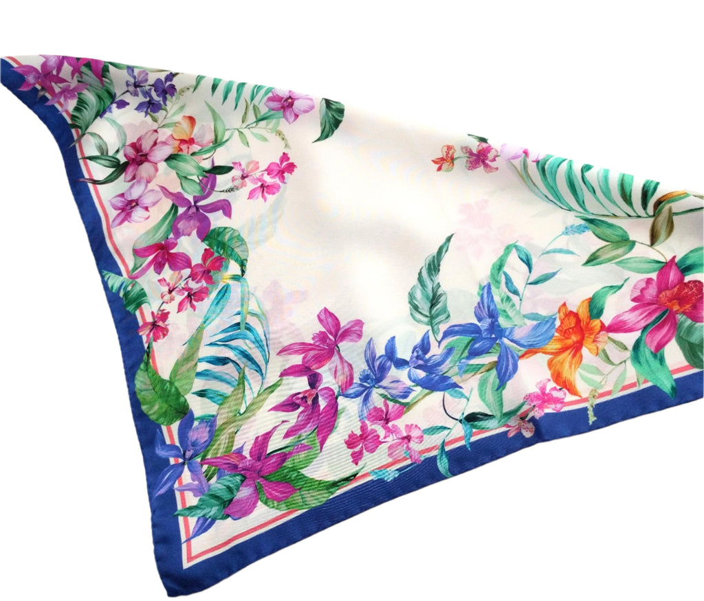 Italian Silk Scarf – Small White Como Silk Scarf, Blue & Pink Accents, Made in Italy, 19.5" Square, Rolled Edges
