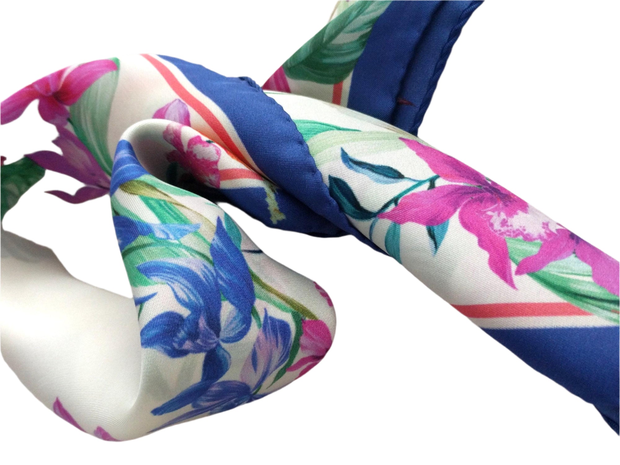 Italian Silk Scarf – Small White Como Silk Scarf, Blue & Pink Accents, Made in Italy, 19.5" Square, Rolled Edges