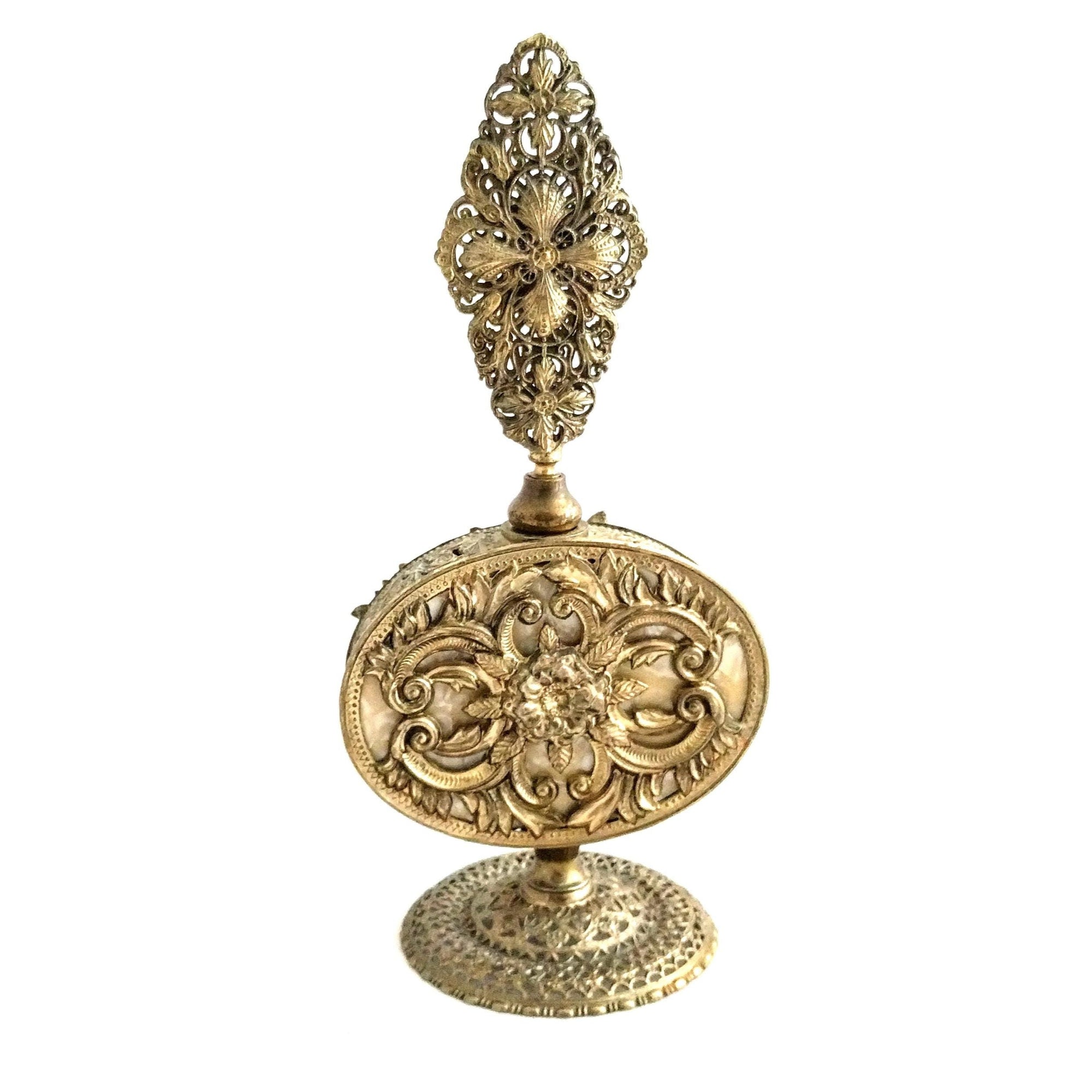 Antique Ormolu Perfume Bottle – Gold Brass Filigree, Collectible Vanity Piece