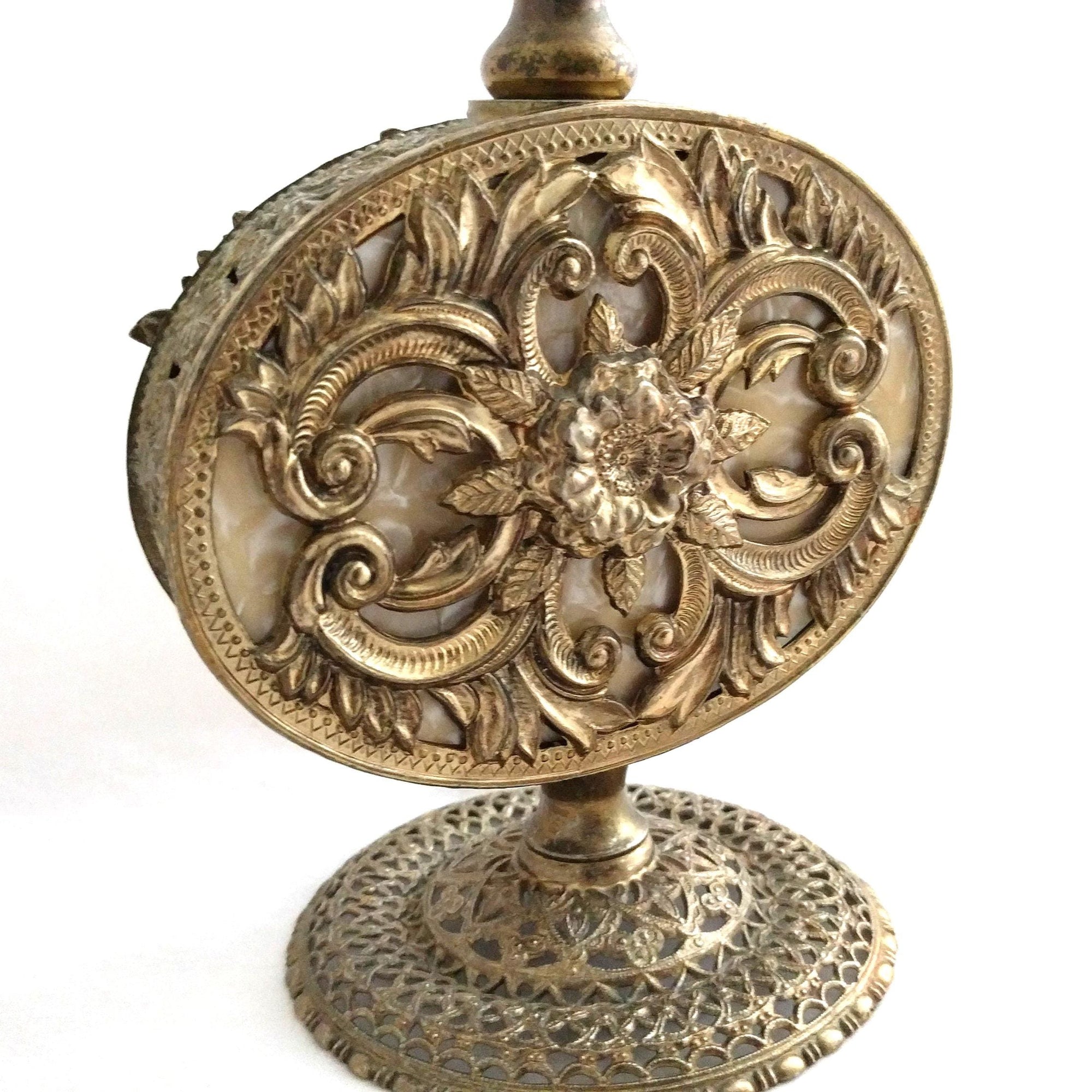 Antique Ormolu Perfume Bottle – Gold Brass Filigree, Collectible Vanity Piece