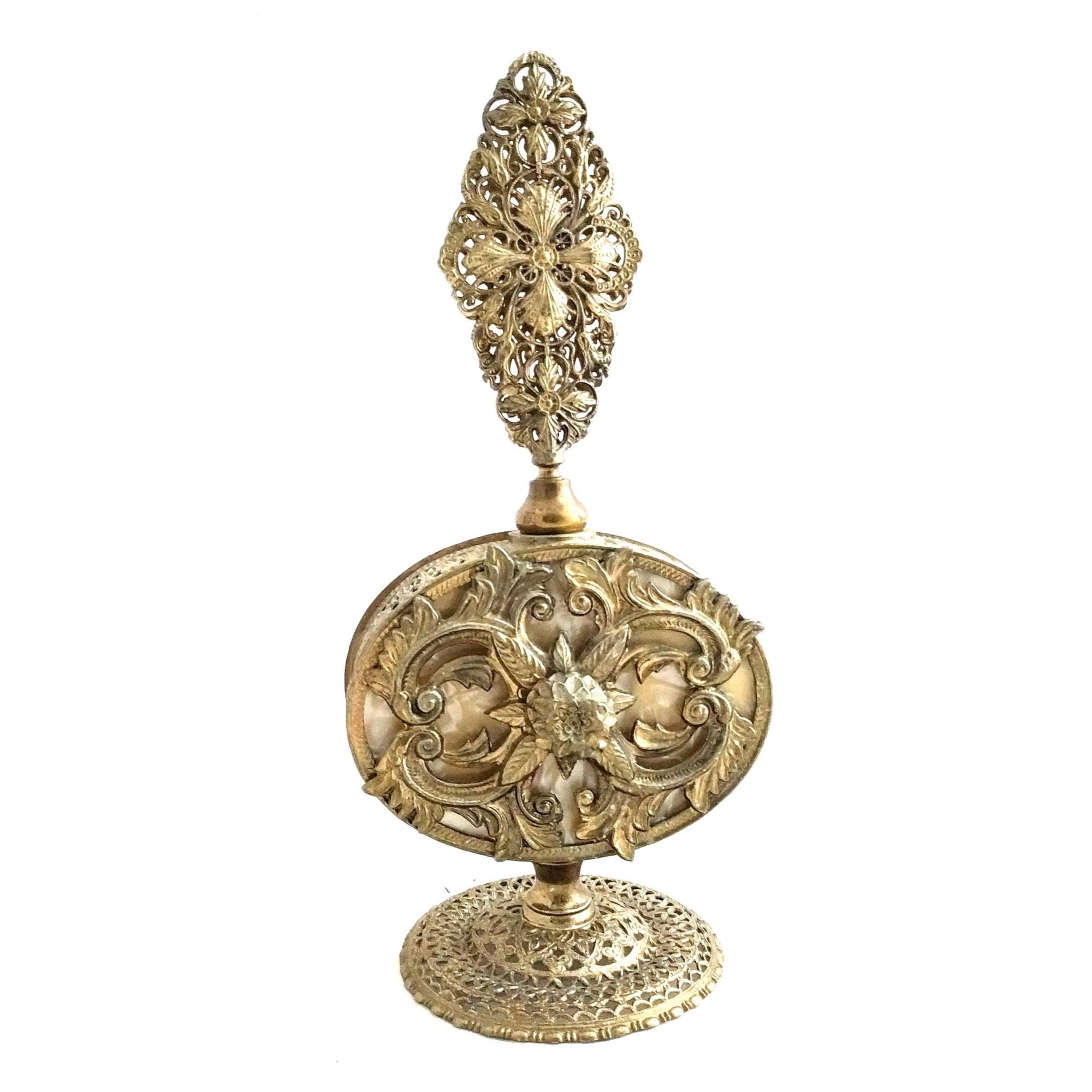 Antique Ormolu Perfume Bottle – Gold Brass Filigree, Collectible Vanity Piece