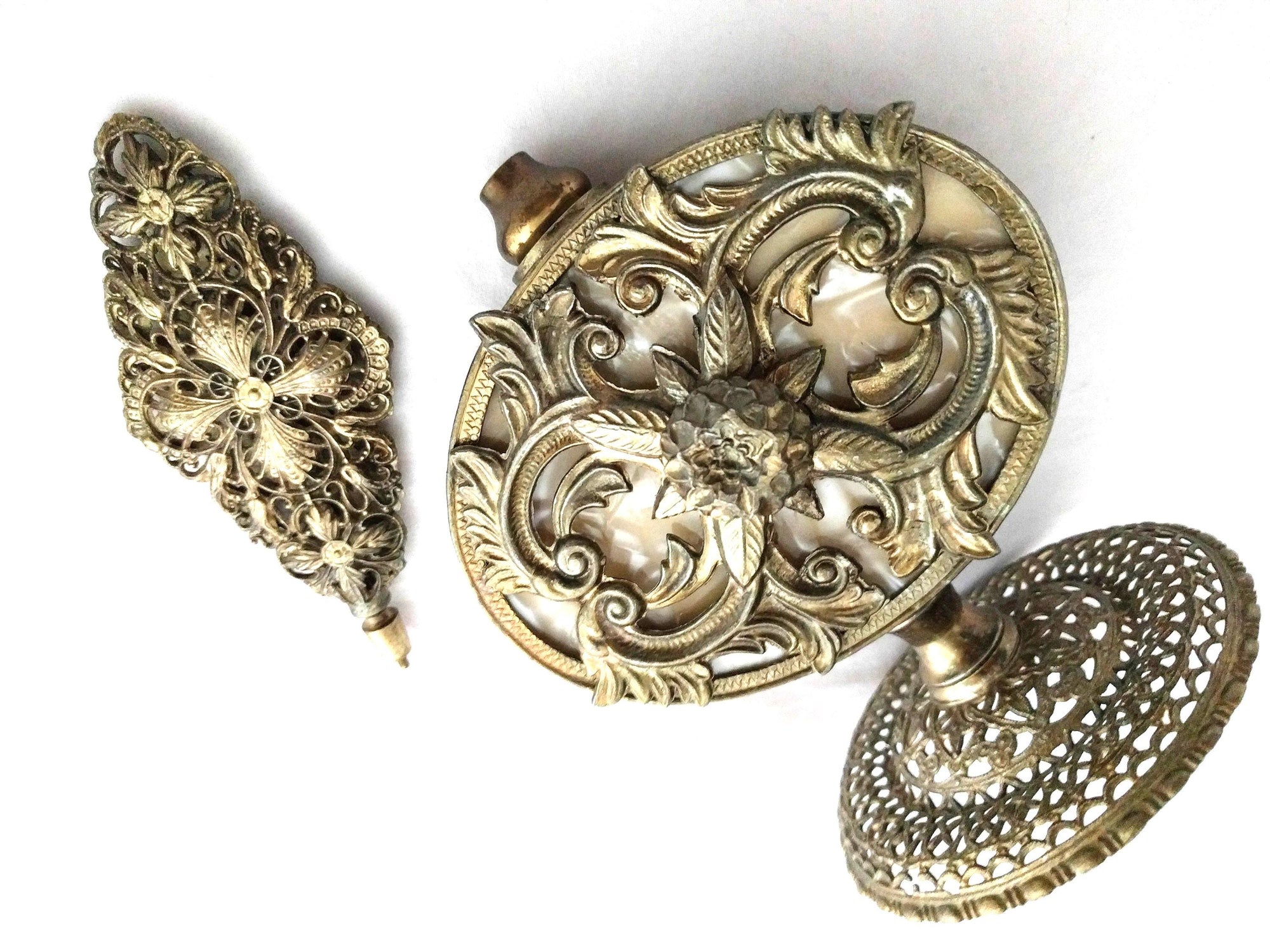 Antique Ormolu Perfume Bottle – Gold Brass Filigree, Collectible Vanity Piece