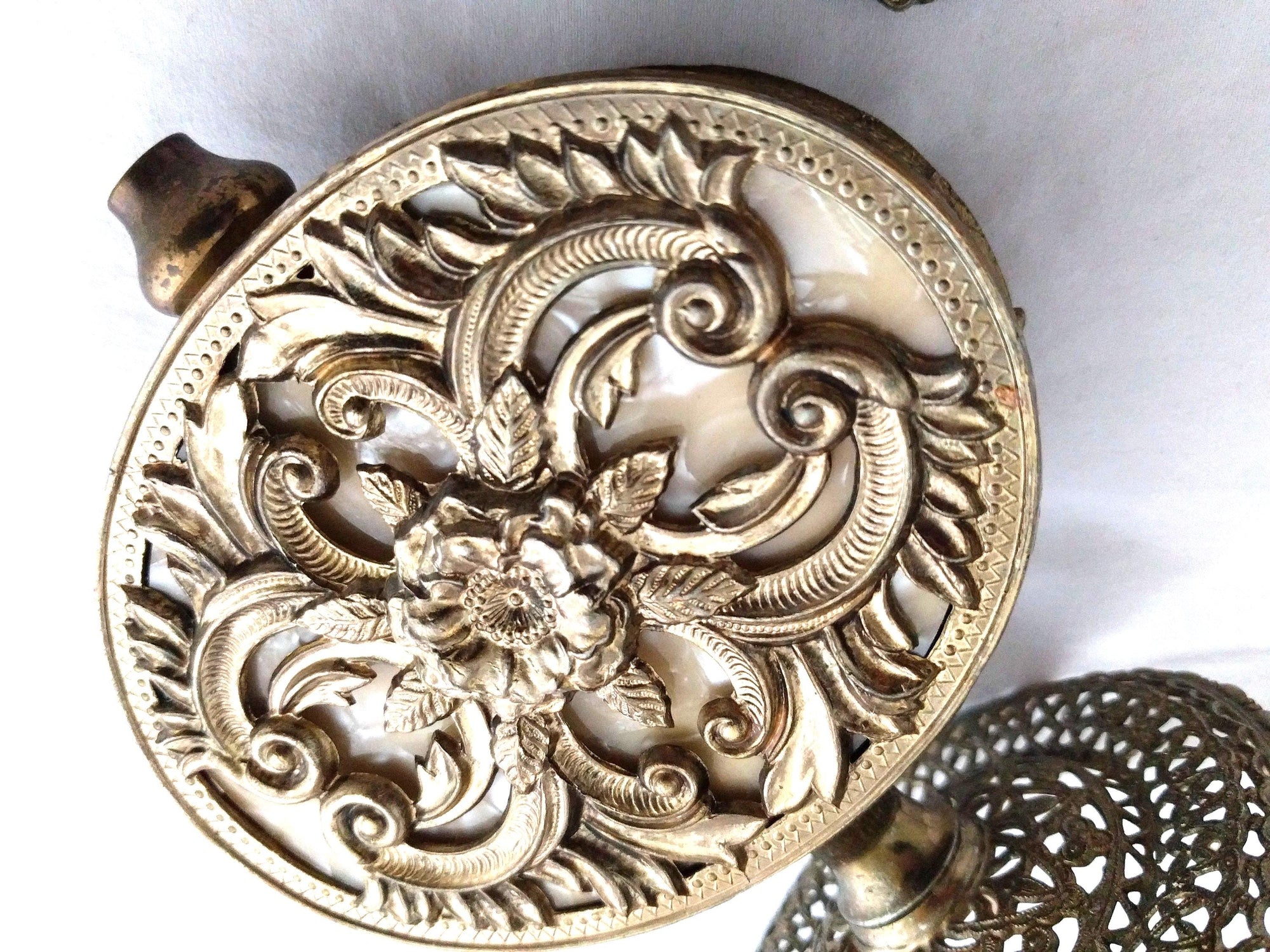 Antique Ormolu Perfume Bottle – Gold Brass Filigree, Collectible Vanity Piece