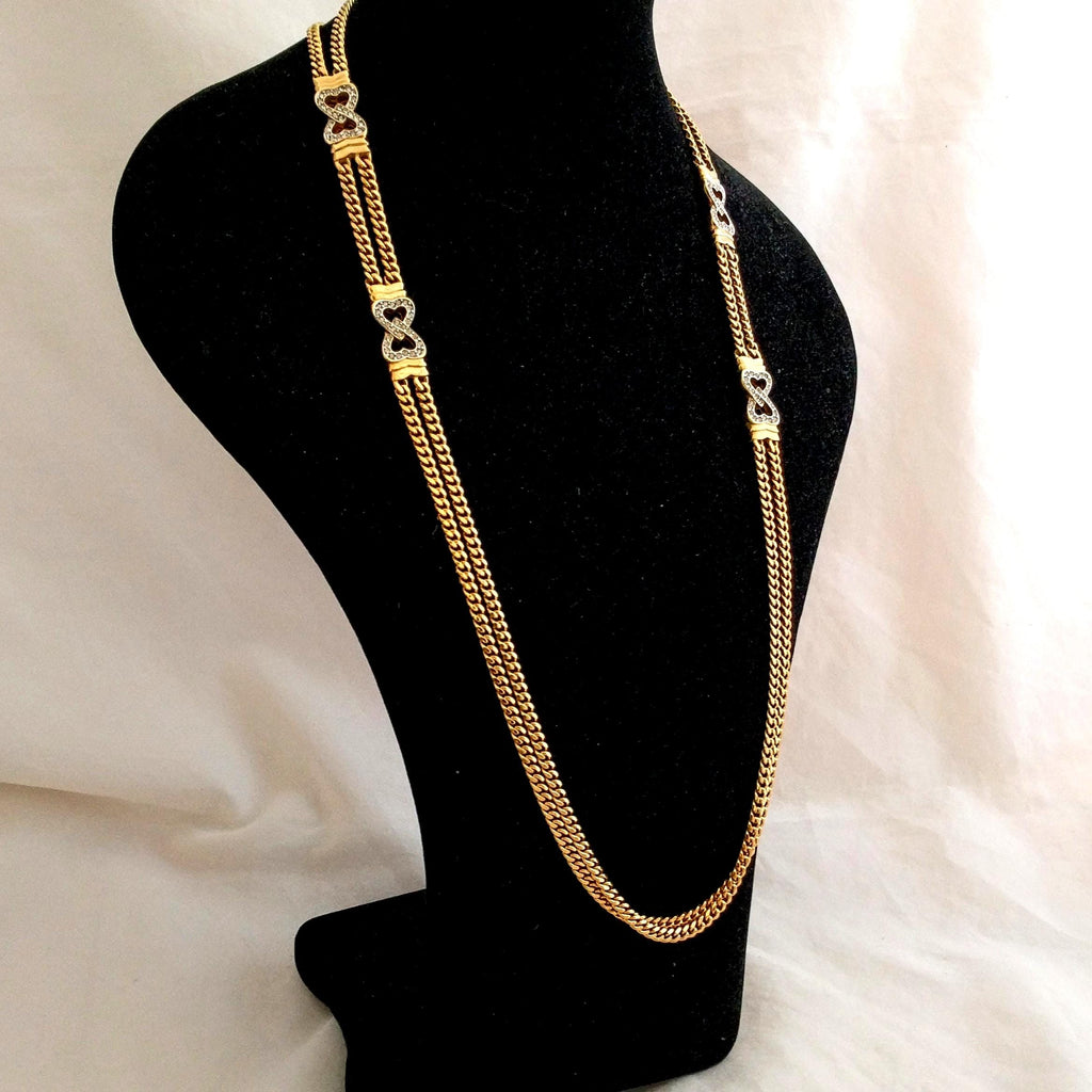 Vintage Park Lane Double Chain Necklace – Double Hearts Pendant, Gold-Tone Statement Necklace, Excellent Condition