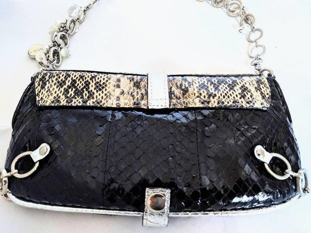 Two-tone snakeskin saddle bag, glamorous chain-link strap, vintage Tosca Blu purse