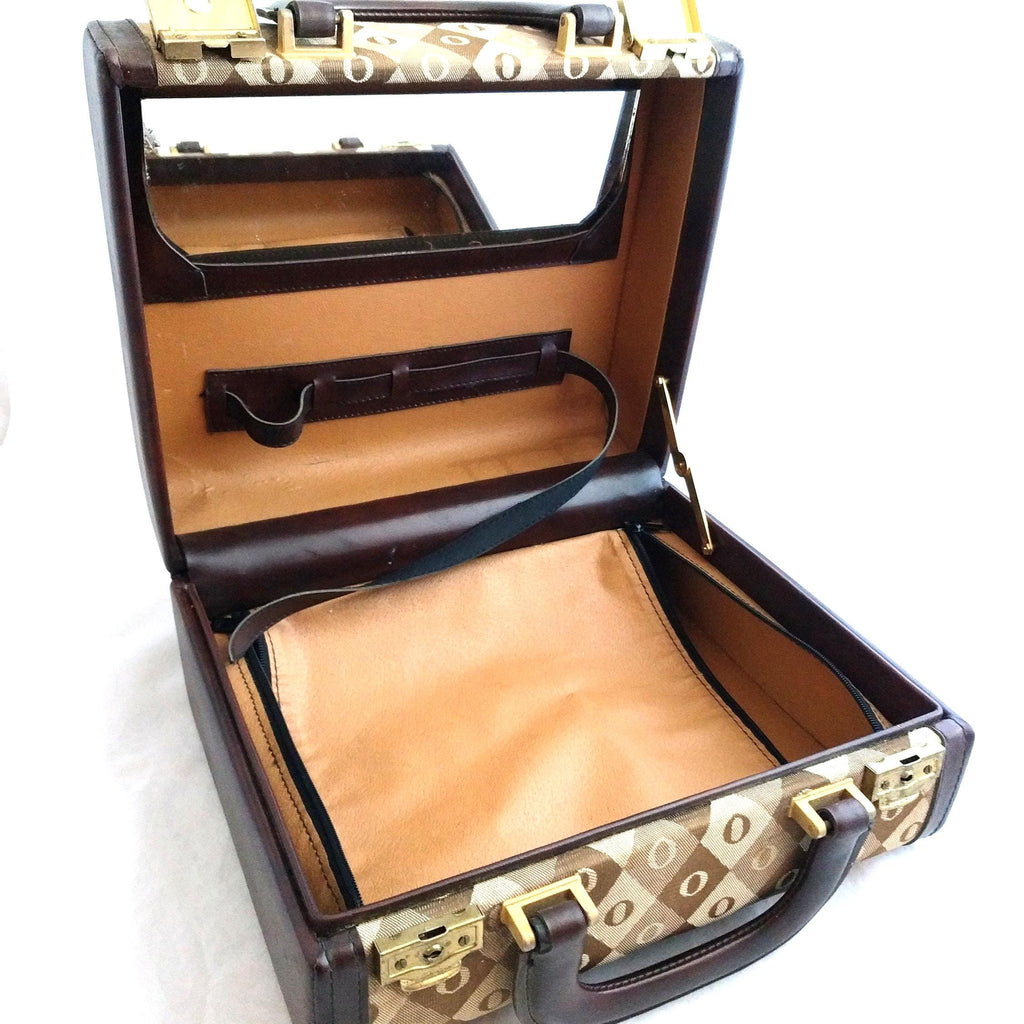 Vintage Leather Travel Case – Hard Shell Makeup and Toiletry Bag, Two Compartments, Rare Retro Design