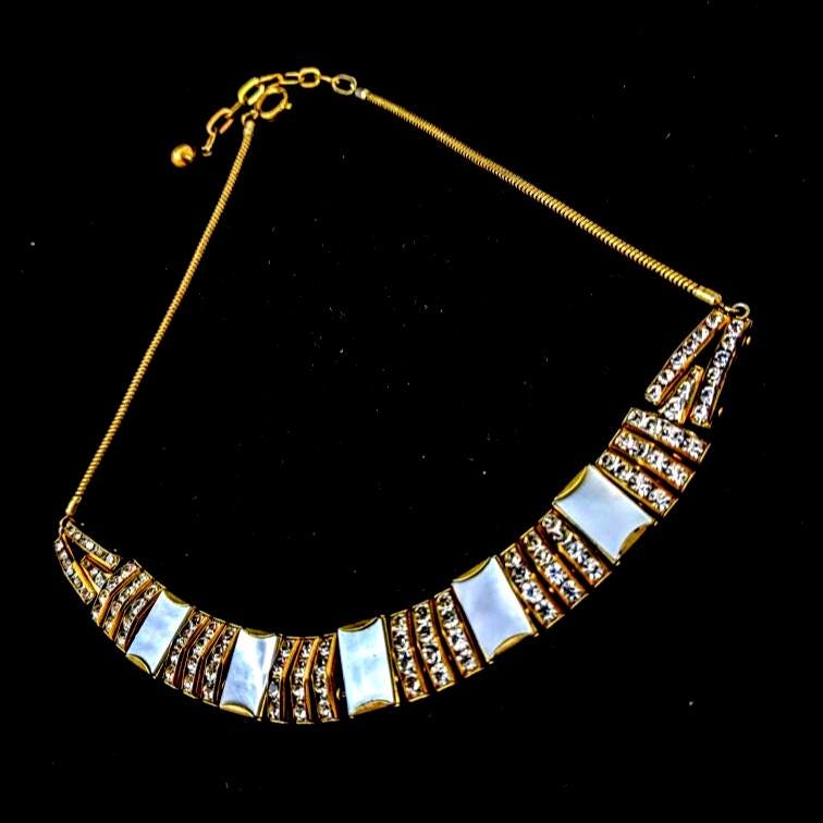 Vintage Egyptian Revival Necklace – Mother of Pearl & Brass, Esha Randel for Doso, Statement Pendant Necklace