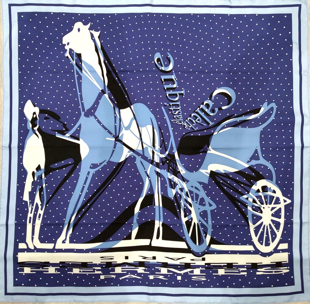 Hermes Caleche Elastique silk scarf, 90cm, light blue, dark blue, white, new with box - Large 90cm Hermes carré