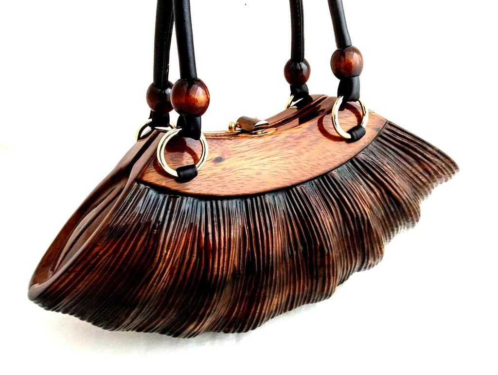 Rare ROCIO Wooden Purse – Eco-Friendly Sculpted Acacia Wood Handbag, Luxury Designer Bag with Leather Handles, Sustainable Fashion