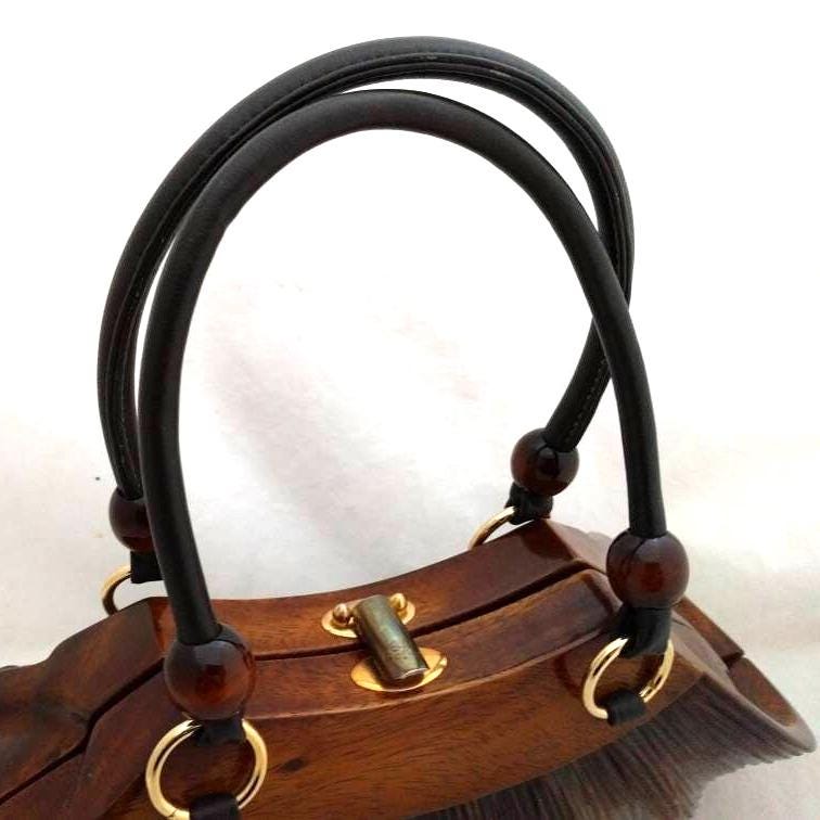 Rare ROCIO Wooden Purse – Eco-Friendly Sculpted Acacia Wood Handbag, Luxury Designer Bag with Leather Handles, Sustainable Fashion