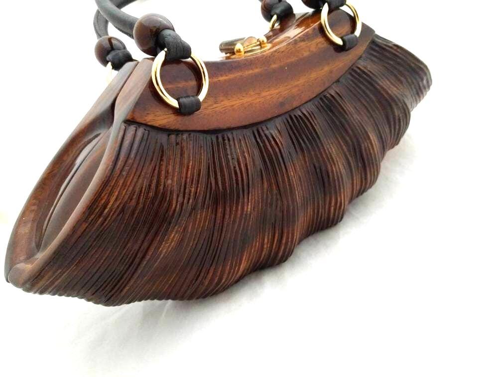 Rare ROCIO Wooden Purse – Eco-Friendly Sculpted Acacia Wood Handbag, Luxury Designer Bag with Leather Handles, Sustainable Fashion