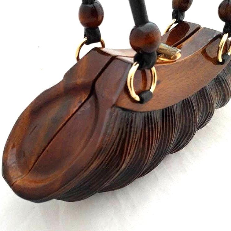 Rare ROCIO Wooden Purse – Eco-Friendly Sculpted Acacia Wood Handbag, Luxury Designer Bag with Leather Handles, Sustainable Fashion