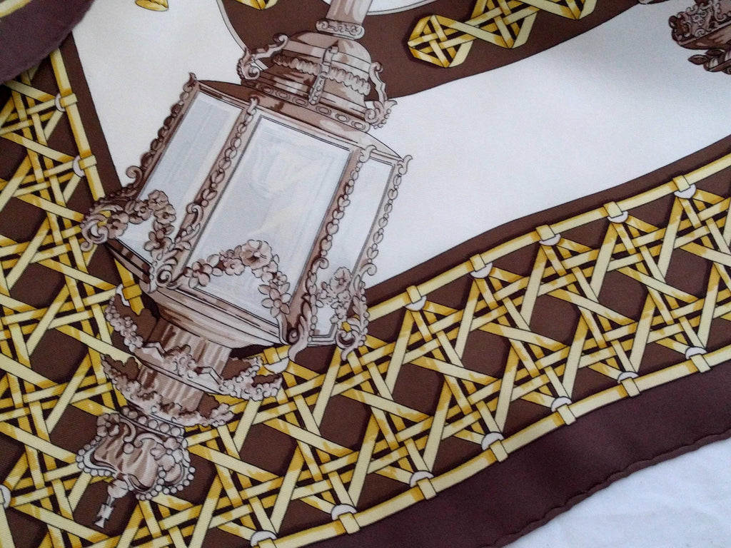 Rare Hermès Feux de Route Scarf – Caty Latham 1971, Brown/Beige, Made in France