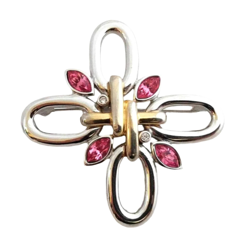 Andre Courreges signed modernist brooch, rhodium-plated with pink and clear crystals - Courreges 1960s designer pin