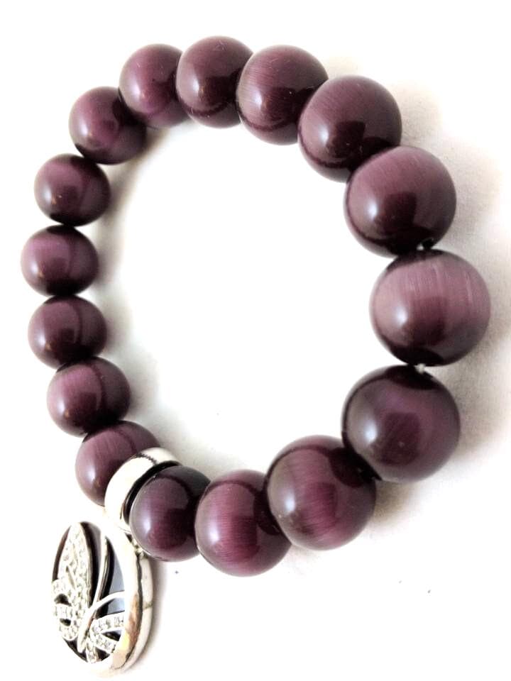 Crystal-encrusted butterfly charm bracelet, purple tiger eye and sterling silver, marked 925
