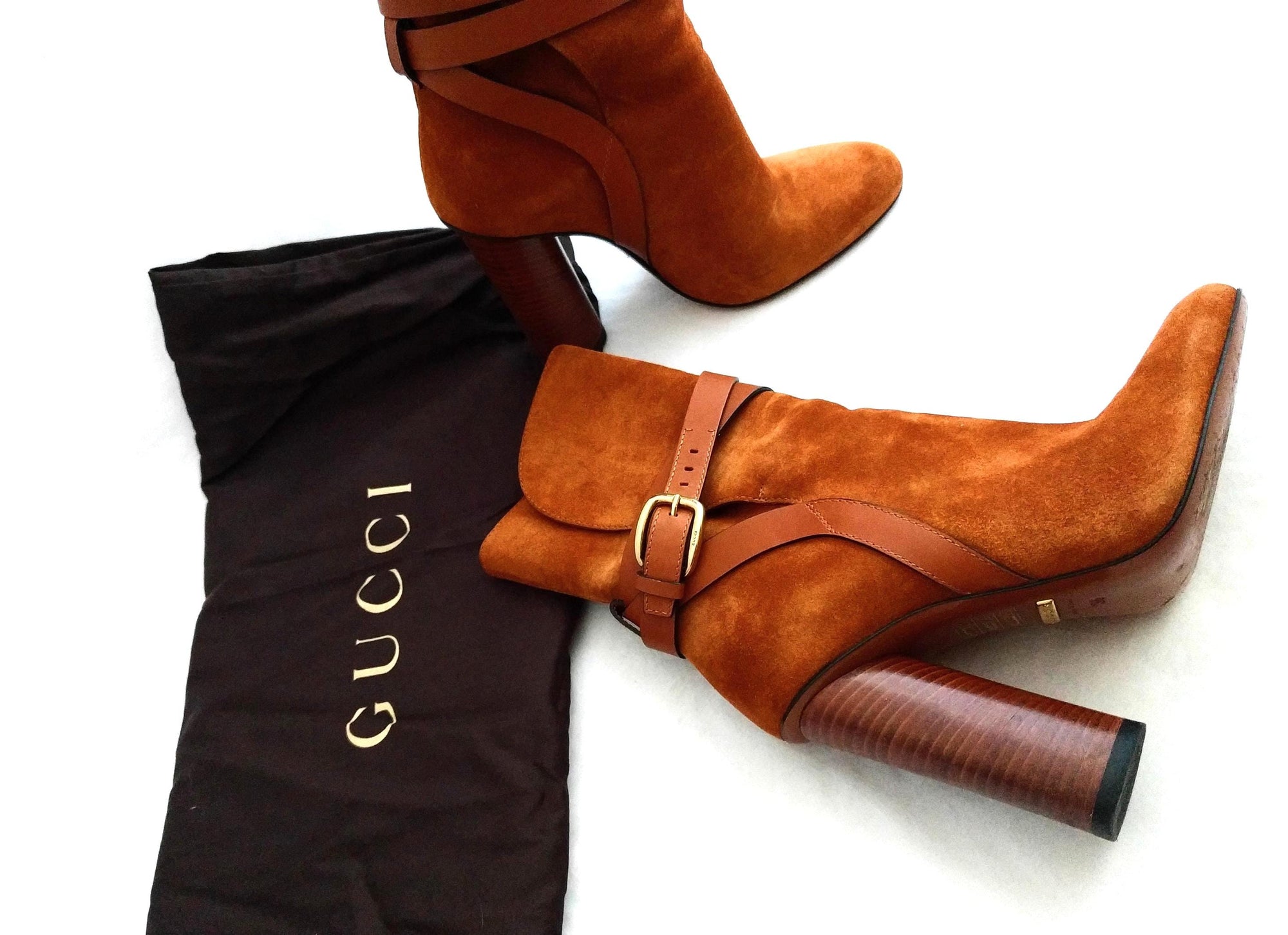 Gucci Suede Ankle Boots – Abigail Rust/Orange Booties, 4.5" Heel, Made in Italy, Excellent Condition, Size 6