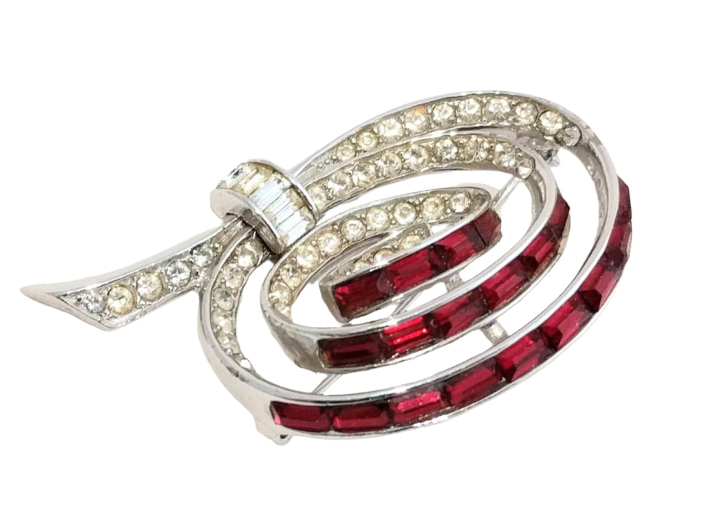 Vintage Marcel Boucher swirl brooch, ruby red and clear rhinestones, signed 5579 - Boucher fine jewelry accessory