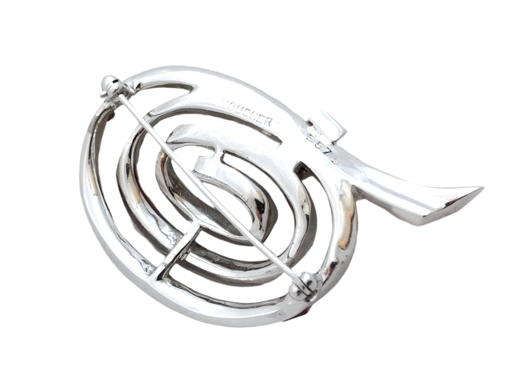 Elegant Marcel Boucher swirl brooch, red and clear rhinestones, French craftsmanship - Collectible vintage rhinestone swirl brooch