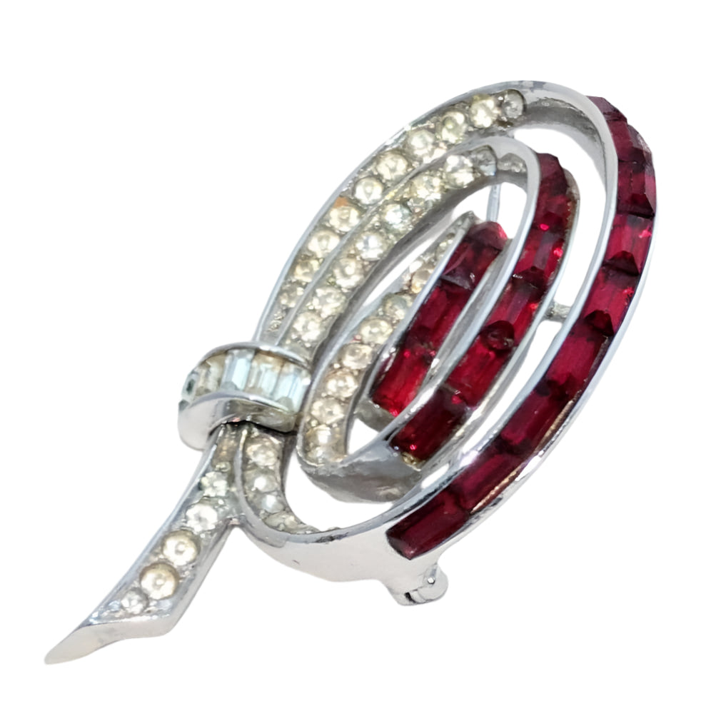 Collectible Boucher swirl brooch with bright rhinestones, vintage rhodium-plated - Rare Marcel Boucher red rhinestone brooch