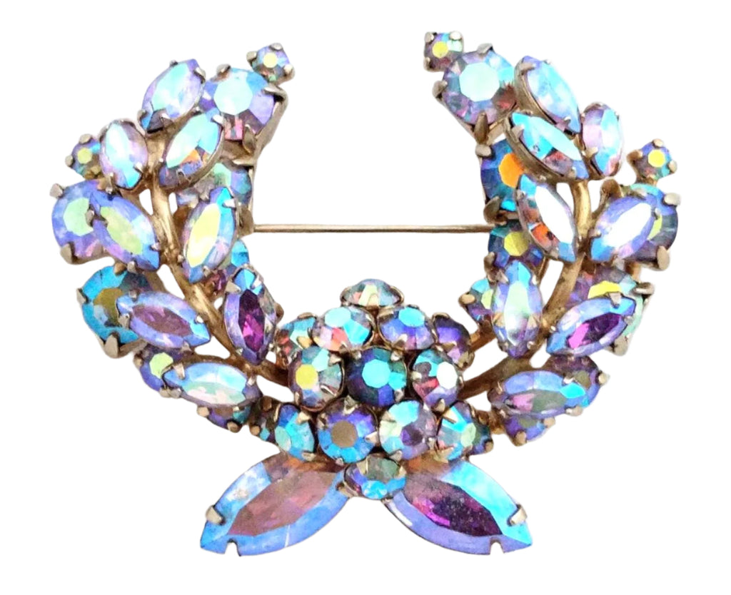 Sherman blue aurora borealis brooch, matching clip-on earrings, vintage rhinestone jewelry set