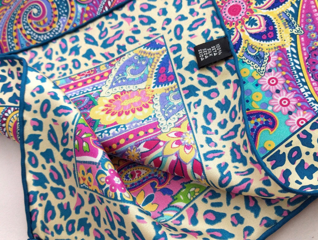 Italian Silk Scarf – Small Multi-coloured Como Silk Scarf, Made in Italy, Pink, Purple, Blue, 19.5" Square with Rolled Edges
