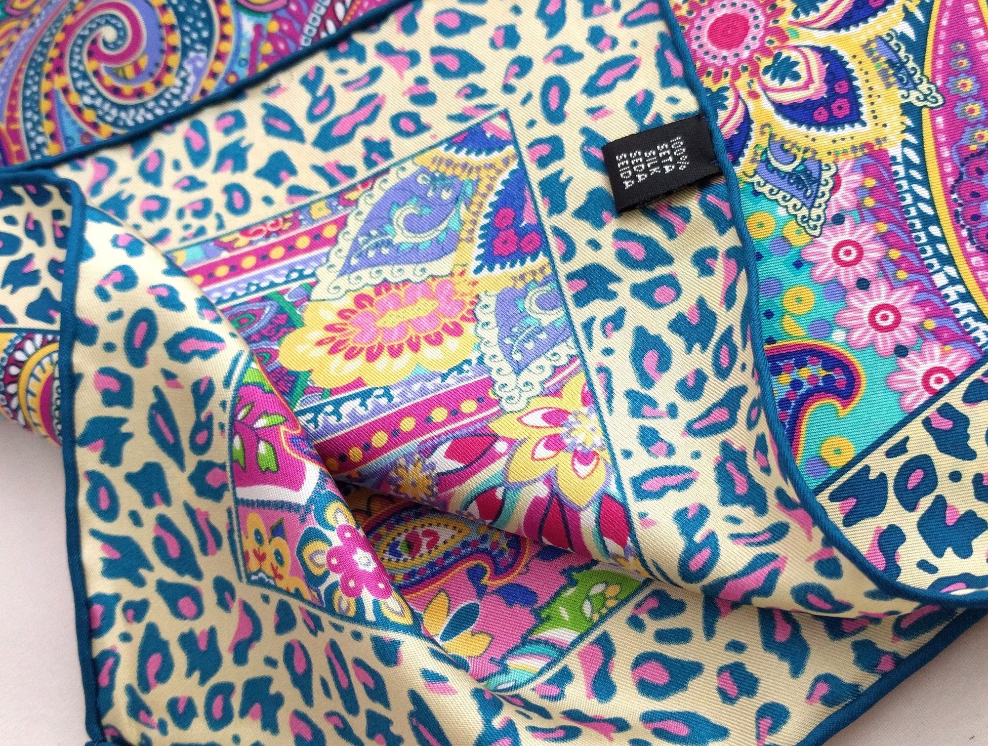 Italian Silk Scarf – Small Multi-coloured Como Silk Scarf, Made in Italy, Pink, Purple, Blue, 19.5" Square with Rolled Edges