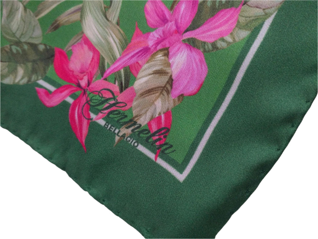 Italian Silk Scarf – Small Green Como Silk Scarf, Magenta & Red Accents, Made in Italy, 19.5" Square with Rolled Edges