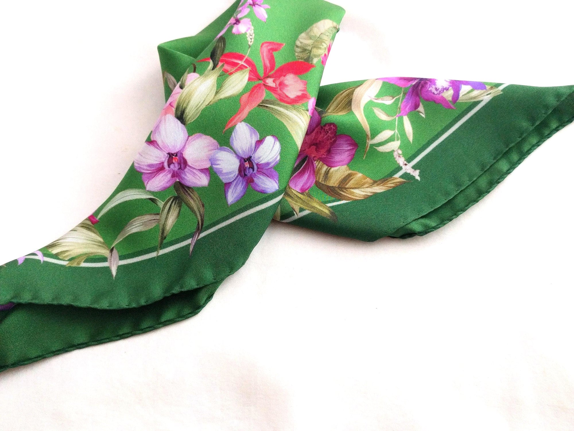 Italian Silk Scarf – Small Green Como Silk Scarf, Magenta & Red Accents, Made in Italy, 19.5" Square with Rolled Edges