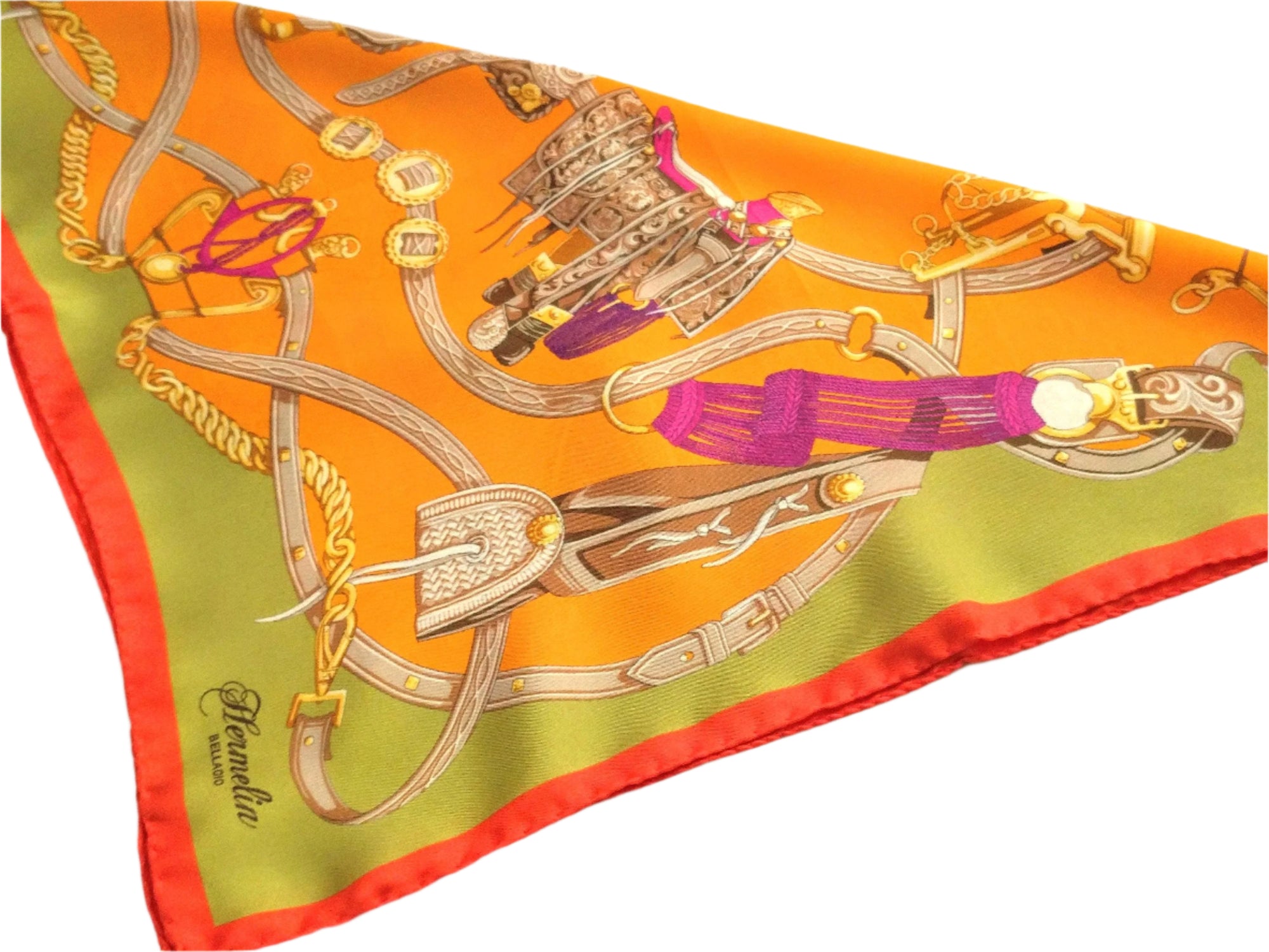 Italian Silk Scarf – Small Orange Como Silk Scarf, Green & Beige Accents, Made in Italy, 19.5" Square, Rolled Edges